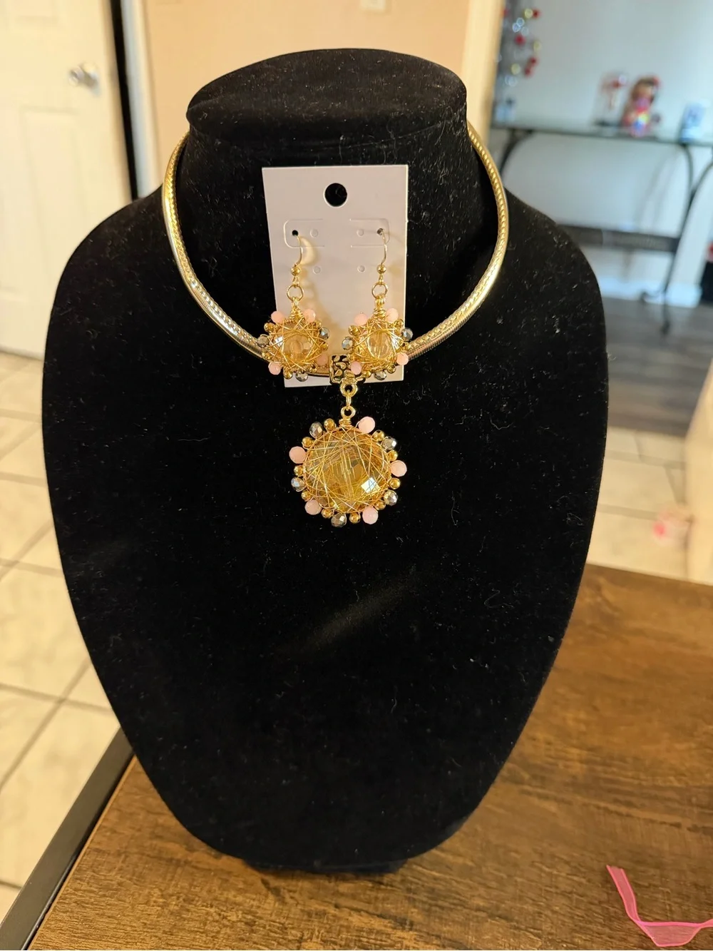 Gold-Tone Necklace Set with Pink Bead Accents